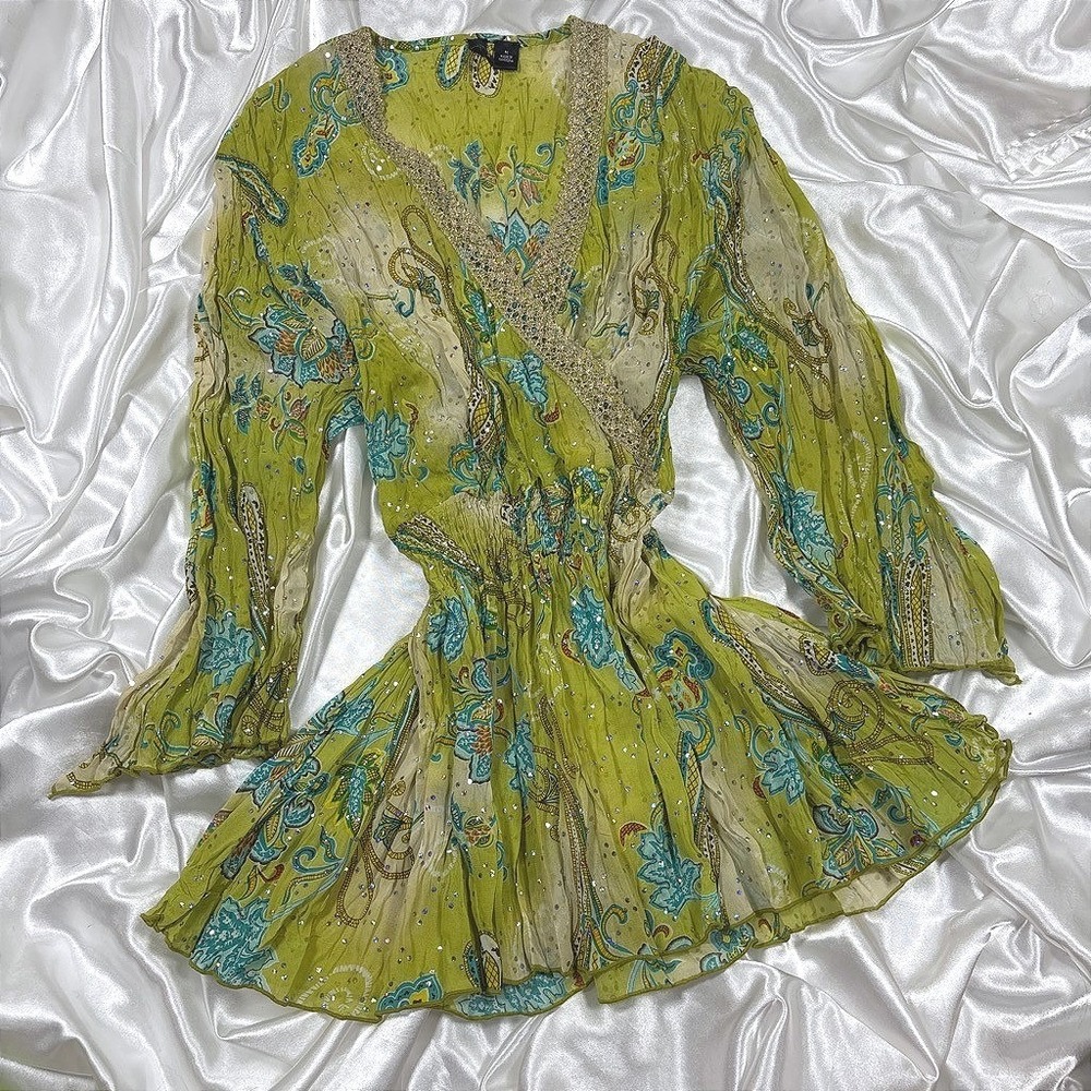 y2k Tunic Top Lime Green Excellent Paisley Sequin Gold Lace Smocked Peplum Boho